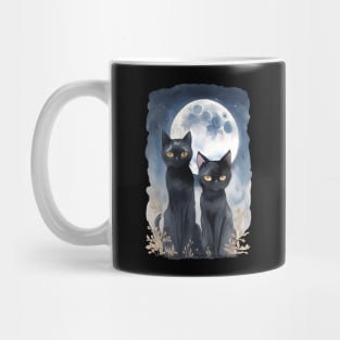 Mysterious black cats under full moon in dark atmosphere, watercolor style Mug